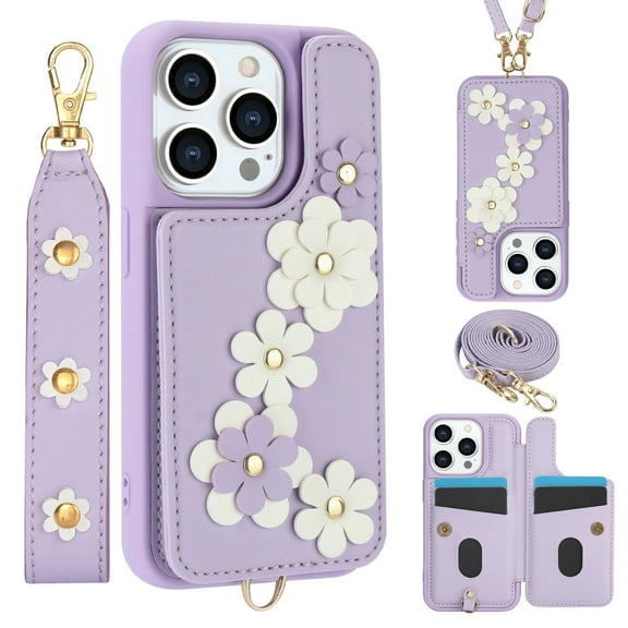 Allytechgroup Stylish Flower Design iPhone 17 Pro Wallet Case, Shockproof Phone Case with Cards Holder, Hand Strap, and Crossbody Shoulder Strap Luxury Case for iPhone 17 Pro, Purple