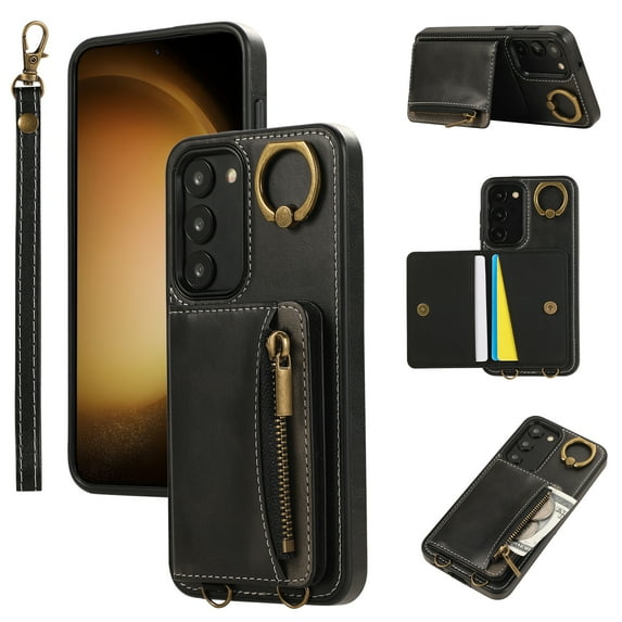 Allytechgroup Stylish Galaxy A13 5G Wallet Case, Premium Phone Case for Samsung Galaxy A13 5G with Card Holder Zipper Pocket Hand Wrist Shockproof Stand Cover for Women Men, Black