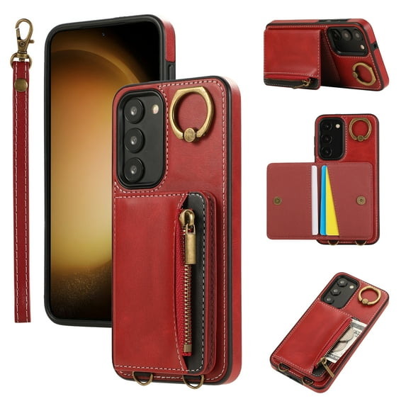 Allytechgroup Stylish Galaxy A15 5G Wallet Case, Premium Phone Case for Samsung Galaxy A15 5G with Card Holder Zipper Pocket Hand Wrist Shockproof Stand Cover for Women Men, Red