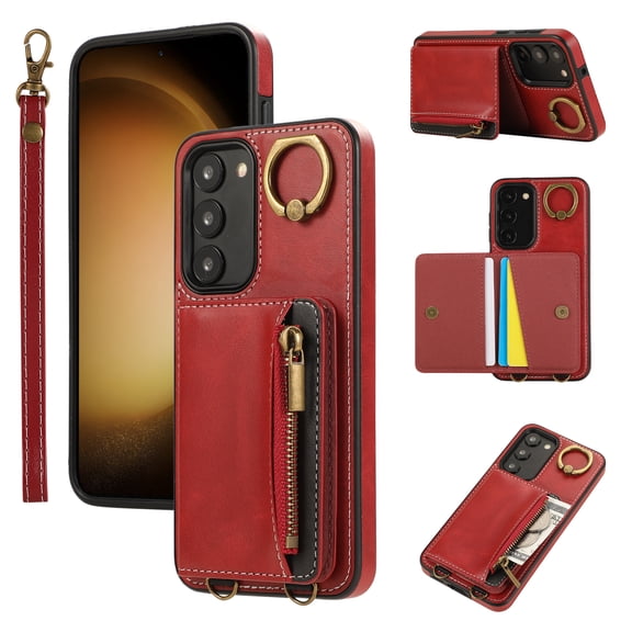 Allytechgroup Stylish Galaxy S21 FE Wallet Case, Premium Phone Case for Samsung Galaxy S21 FE with Card Holder Zipper Pocket Hand Wrist Shockproof Stand Cover for Women Men, Red