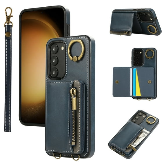 Allytechgroup Stylish Galaxy S22 Plus Wallet Case, Premium Phone Case for Samsung Galaxy S22 Plus with Card Holder Zipper Pocket Hand Wrist Shockproof Stand Cover for Women Men, Blue