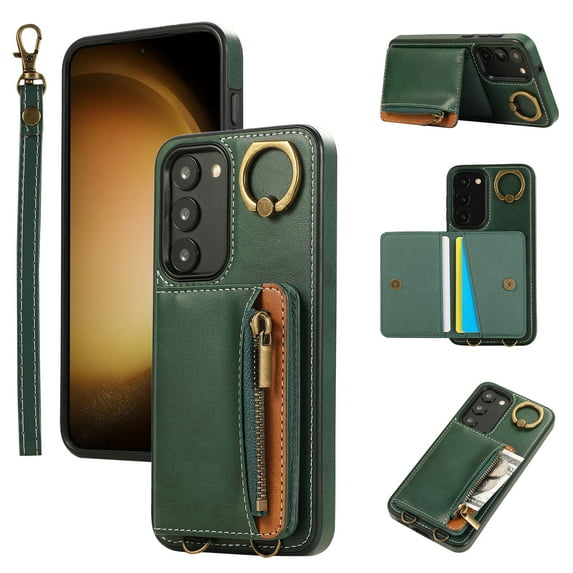 Allytechgroup Stylish Galaxy S22 Wallet Case, Premium Phone Case for Samsung Galaxy S22 with Card Holder Zipper Pocket Hand Wrist Shockproof Stand Cover for Women Men, Green