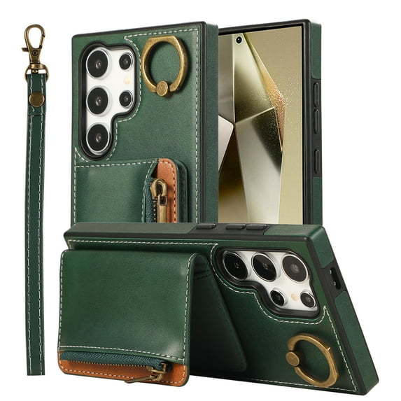 Allytechgroup Stylish Galaxy S23 Ultra Wallet Case, Premium Phone Case for Samsung Galaxy S23 Ultra with Card Holder Zipper Pocket Hand Wrist Shockproof Stand Cover for Women Men, Green