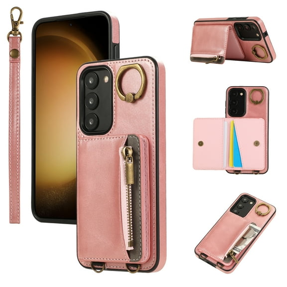 Allytechgroup Stylish Galaxy S23 Wallet Case, Premium Phone Case for Samsung Galaxy S23 with Card Holder Zipper Pocket Hand Wrist Shockproof Stand Cover for Women Men, Pink