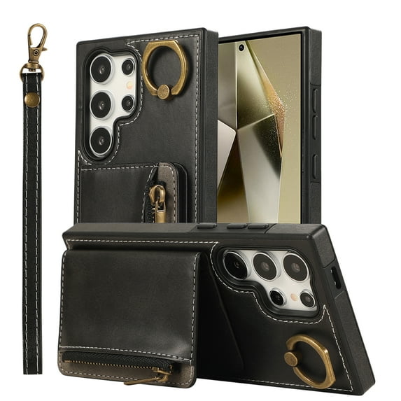 Allytechgroup Stylish Galaxy S24 Ultra Wallet Case, Premium Phone Case for Samsung Galaxy S24 Ultra with Card Holder Zipper Pocket Hand Wrist Shockproof Stand Cover for Women Men, Black