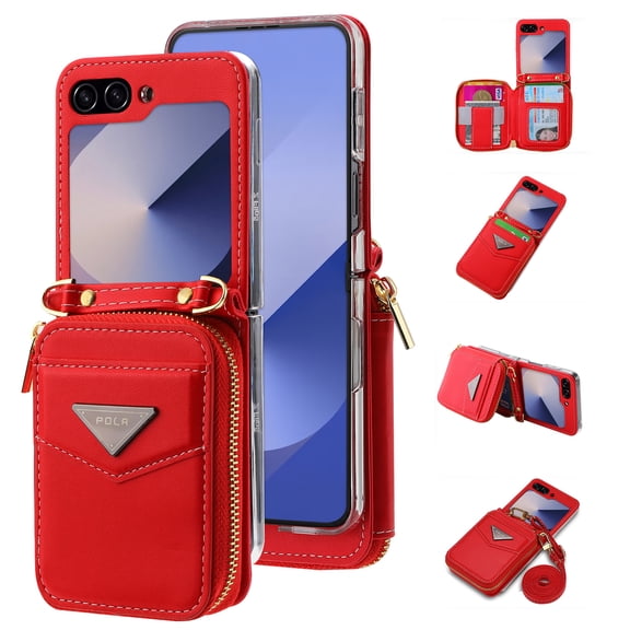 Allytechgroup Stylish Galaxy Z Flip 6 Case Wallet, Shockproof Phone Case for Samsung Galaxy Z Flip 6 Convenient and Functional Zipper Pocket Case with Detachable Crossbody Shoulder Strap, Red