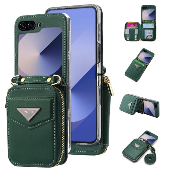 Allytechgroup Stylish Galaxy Z Flip 6 Case Wallet, Shockproof Phone Case for Samsung Galaxy Z Flip 6 Convenient and Functional Zipper Pocket Case with Detachable Crossbody Shoulder Strap, Green