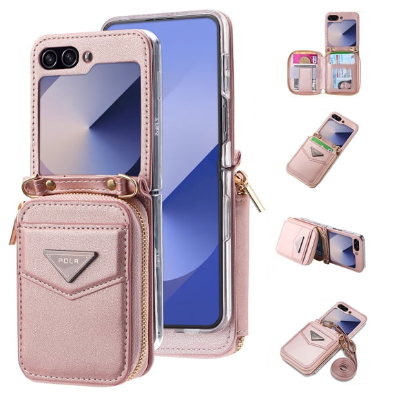 Allytechgroup Stylish Galaxy Z Flip 6 Case Wallet, Shockproof Phone Case for Samsung Galaxy Z Flip 6 Convenient and Functional Zipper Pocket Case with Detachable Crossbody Shoulder Strap, Pink