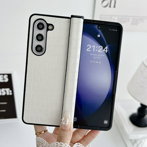Allytechgroup Stylish Galaxy Z Fold 5 Case, Crocodile Print Design Slim Fit Shockproof Hinge Protection Anti-Scratch Bumper Phone Case for Samsung Galaxy Z Fold 5, White