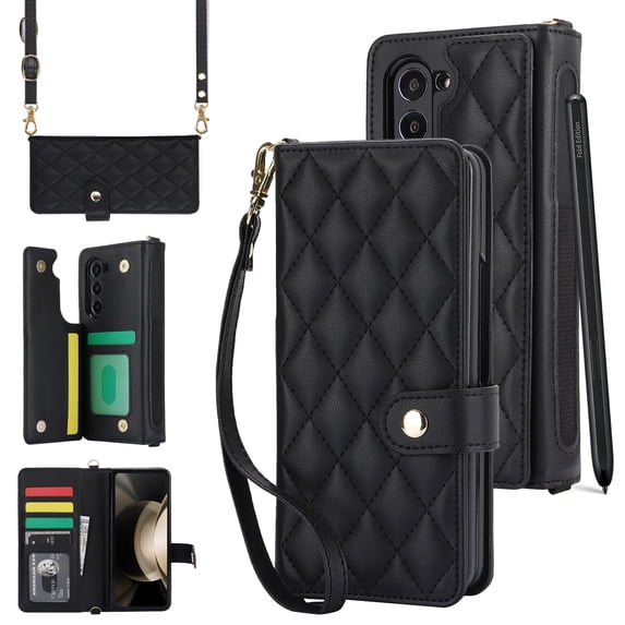 Allytechgroup Stylish Galaxy Z Fold 5 Wallet Case, Secure Phone Case for Samsung Galaxy Z Fold 5, Ultimate Protection Convenience Hand Wrist Shoulder Strap Case for Girls Women, Black