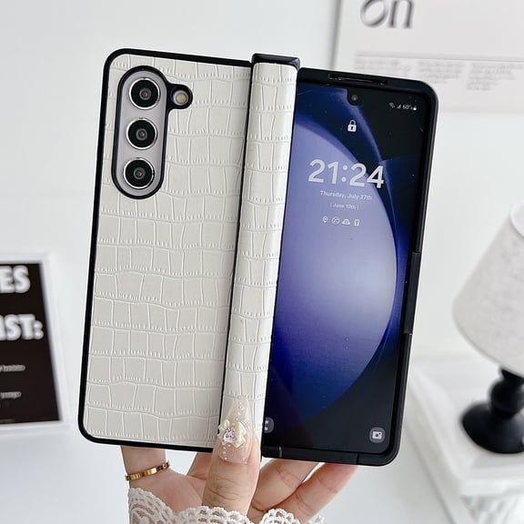Allytechgroup Stylish Galaxy Z Fold 6 Case, Crocodile Print Design Slim Fit Shockproof Hinge Protection Anti-Scratch Bumper Phone Case for Samsung Galaxy Z Fold 6, White