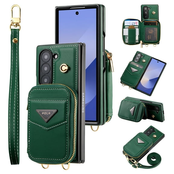 Allytechgroup Stylish Galaxy Z Fold 6 Case Wallet, Shockproof Phone Case for Samsung Galaxy Z Fold 6 Convenient and Functional Zipper Pocket Case with Detachable Crossbody Shoulder Strap, Green