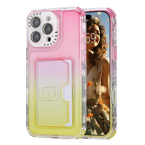 Allytechgroup Stylish Phone Case for Apple iPhone 14 Pro Max, Gradient Color Back Cover with Card Holder Anti-Scratch Protection TPU Slim Fit Rugged Wallet Case for iPhone 14 Pro Max, Pink+Yellow