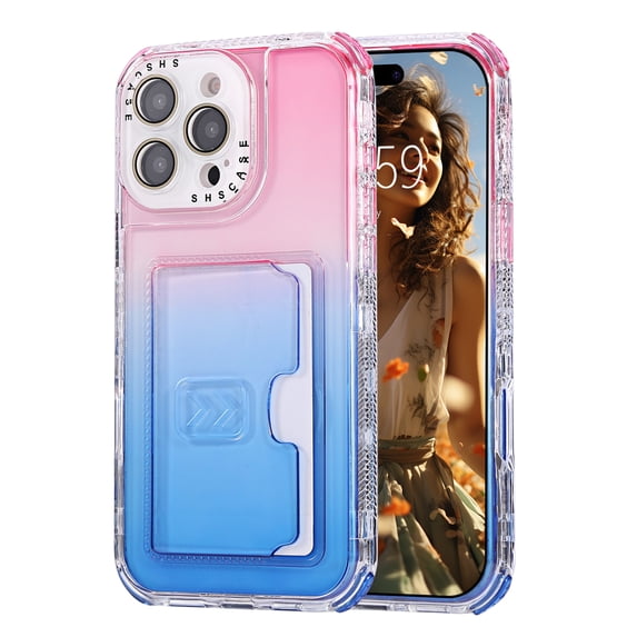 Allytechgroup Stylish Phone Case for Apple iPhone 16 Pro Max, Gradient Color Back Cover with Card Holder Anti-Scratch Protection TPU Slim Fit Rugged Wallet Case for iPhone 16 Pro Max, Pink+Blue