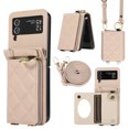 thumbnail image 1 of Allytechgroup Stylish Wallet Phone Case for Samsung Galaxy Z Flip 3 5G, Crossbody Shoulder Strap Make-up Mirror Ring Holder Stand Card Holders Shockproof Case for Girls Women, Beige, 1 of 7