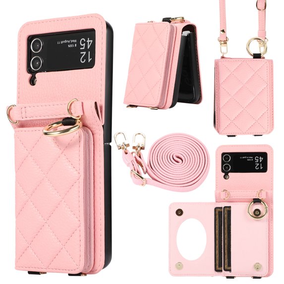 Allytechgroup Stylish Wallet Phone Case for Samsung Galaxy Z Flip 4 5G, Crossbody Shoulder Strap Make-up Mirror Ring Holder Stand Card Holders Shockproof Case for Girls Women, Pink