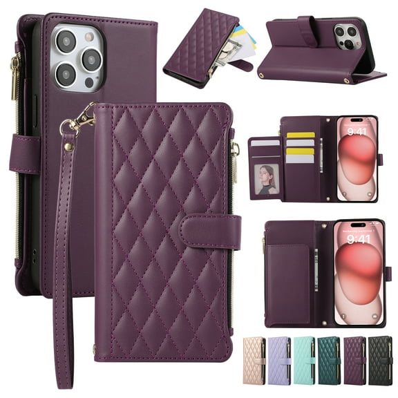 Allytechgroup Stylish iPhone 11 Pro Case Wallet with Card Slots and Zipper Pocket, Hand Wrist + Crossbody Strap RFID Blocking Girls Women Phone Case for Apple iPhone 11 Pro, Darkpurple