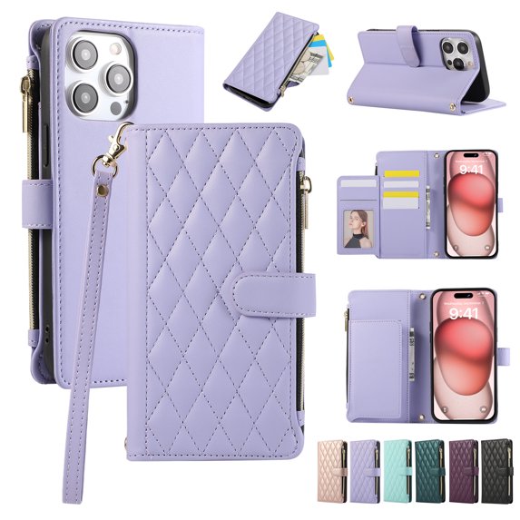 Allytechgroup Stylish iPhone 11 Pro Max Case Wallet with Card Slots and Zipper Pocket, Hand Wrist + Crossbody Strap RFID Blocking Girls Women Phone Case for Apple iPhone 11 Pro Max, Lightpurple