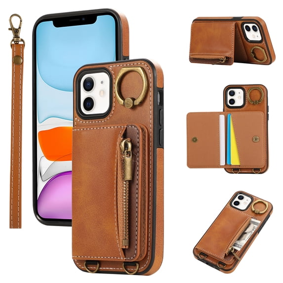Allytechgroup Stylish iPhone 11 Wallet Case, Secure Phone Case for Apple iPhone 11, Multi-functional and Durable, Ring Holder Hand Wrist Stand Shockproof Case for Women Men, Brown