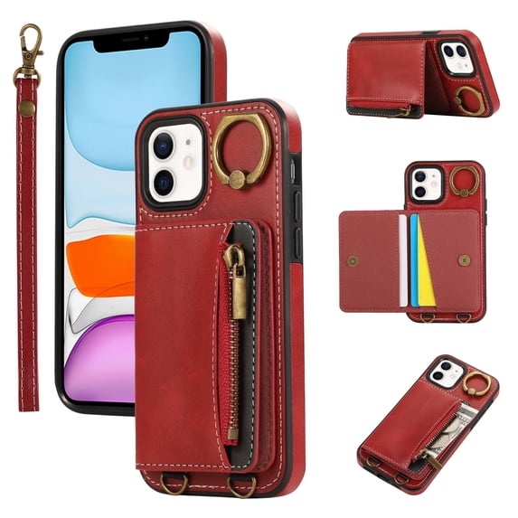 Allytechgroup Stylish iPhone 11 Wallet Case, Secure Phone Case for Apple iPhone 11, Multi-functional and Durable, Ring Holder Hand Wrist Stand Shockproof Case for Women Men, Red