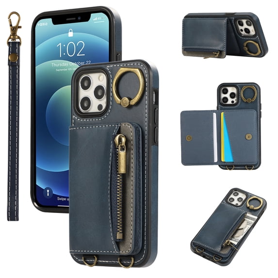 Allytechgroup Stylish iPhone 12 Pro Max Wallet Case, Secure Phone Case for Apple iPhone 12 Pro Max, Multi-functional and Durable, Ring Holder Hand Wrist Stand Shockproof Case for Women Men, Blue