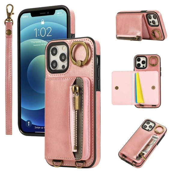 Allytechgroup Stylish iPhone 12 Pro Max Wallet Case, Secure Phone Case for Apple iPhone 12 Pro Max, Multi-functional and Durable, Ring Holder Hand Wrist Stand Shockproof Case for Women Men, Pink