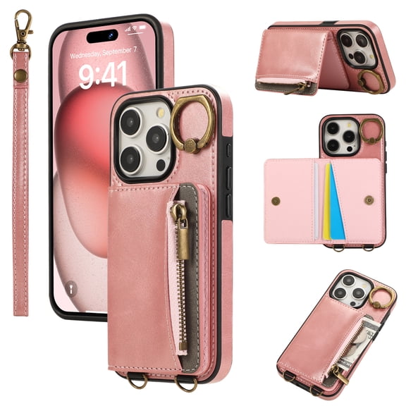 Allytechgroup Stylish iPhone 13 Pro Max Wallet Case, Secure Phone Case for Apple iPhone 13 Pro Max, Multi-functional and Durable, Ring Holder Hand Wrist Stand Shockproof Case for Women Men, Pink