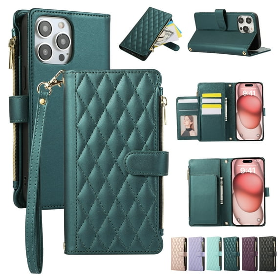 Allytechgroup Stylish iPhone 14 Pro Max Case Wallet with Card Slots and Zipper Pocket, Hand Wrist + Crossbody Strap RFID Blocking Girls Women Phone Case for Apple iPhone 14 Pro Max, Darkgreen
