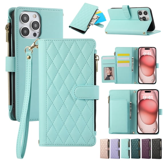 Allytechgroup Stylish iPhone 15 Pro Max Case Wallet with Card Slots and Zipper Pocket, Hand Wrist + Crossbody Strap RFID Blocking Girls Women Phone Case for Apple iPhone 15 Pro Max, Skyblue