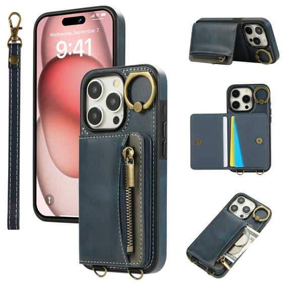Allytechgroup Stylish iPhone 15 Pro Wallet Case, Secure Phone Case for Apple iPhone 15 Pro, Multi-functional and Durable, Ring Holder Hand Wrist Stand Shockproof Case for Women Men, Blue