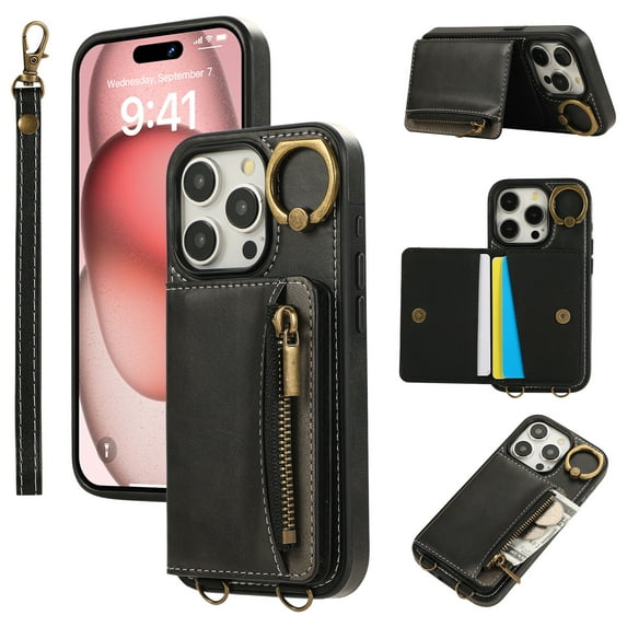 Allytechgroup Stylish iPhone 15 Pro Wallet Case, Secure Phone Case for Apple iPhone 15 Pro, Multi-functional and Durable, Ring Holder Hand Wrist Stand Shockproof Case for Women Men, Black