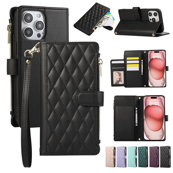 Allytechgroup Stylish iPhone 16 Pro Max Case Wallet with Card Slots and Zipper Pocket, Hand Wrist + Crossbody Strap RFID Blocking Girls Women Phone Case for Apple iPhone 16 Pro Max, Black