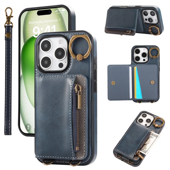 Allytechgroup Stylish iPhone 16 Pro Wallet Case, Premium Phone Case for iPhone 16 Pro with Card Holder Zipper Pocket Hand Wrist Shockproof Stand Cover for Women Men, Blue