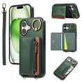 thumbnail image 1 of Allytechgroup Stylish iPhone 16 Wallet Case, Premium Phone Case for iPhone 16 with Card Holder Zipper Pocket Hand Wrist Shockproof Stand Cover for Women Men, Green, 1 of 6