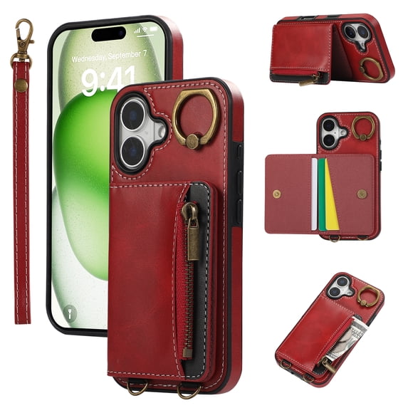 Allytechgroup Stylish iPhone 16 Wallet Case, Premium Phone Case for iPhone 16 with Card Holder Zipper Pocket Hand Wrist Shockproof Stand Cover for Women Men, Red