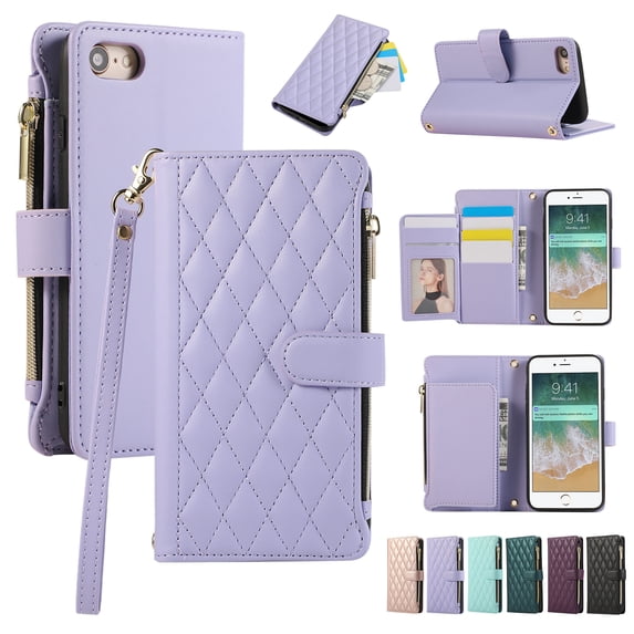 Allytechgroup Stylish iPhone 8 Plus/ 7 Plus Case Wallet with Card Slots and Zipper Pocket, Hand Wrist + Crossbody Strap RFID Blocking Girls Women Phone Case for Apple iPhone 8 Plus/ 7 Plus,Lightpurple