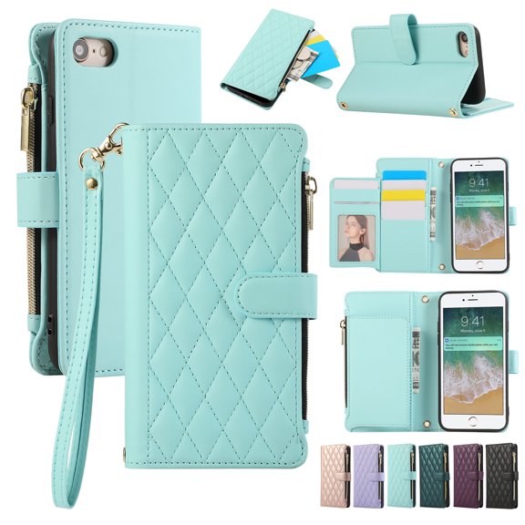 Allytechgroup Stylish iPhone 8 Plus/ 7 Plus Case Wallet with Card Slots and Zipper Pocket, Hand Wrist + Crossbody Strap RFID Blocking Girls Women Phone Case for Apple iPhone 8 Plus/ 7 Plus, Skyblue