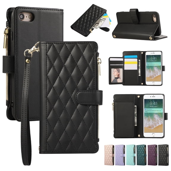 Allytechgroup Stylish iPhone 8 Plus/ 7 Plus Case Wallet with Card Slots and Zipper Pocket, Hand Wrist + Crossbody Strap RFID Blocking Girls Women Phone Case for Apple iPhone 8 Plus/ 7 Plus, Black
