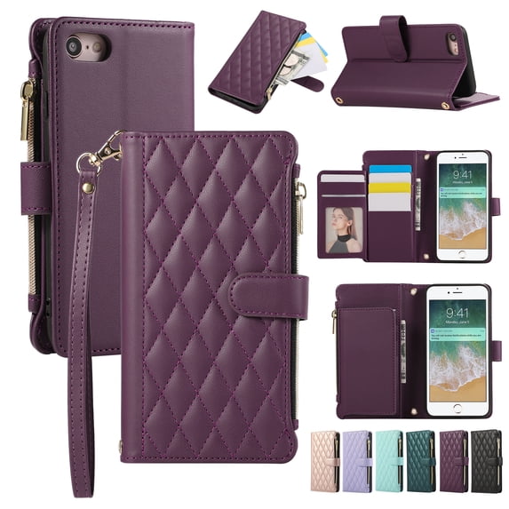 Allytechgroup Stylish iPhone 8 Plus/ 7 Plus Case Wallet with Card Slots and Zipper Pocket, Hand Wrist + Crossbody Strap RFID Blocking Girls Women Phone Case for Apple iPhone 8 Plus/ 7 Plus, Darkpurple