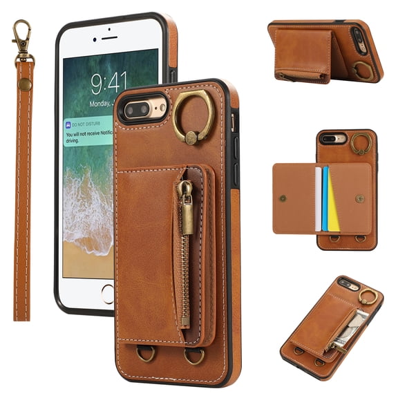 Allytechgroup Stylish iPhone 8 Plus/ 7 Plus Wallet Case, Secure Case for Apple iPhone 8 Plus/ 7 Plus, Multi-functional Durable, Ring Holder Hand Wrist Stand Shockproof Case for Women Men, Brown