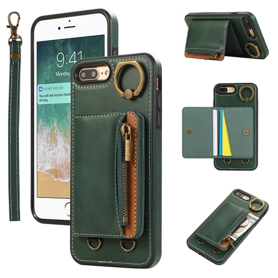 Allytechgroup Stylish iPhone 8 Plus/ 7 Plus Wallet Case, Secure Case for Apple iPhone 8 Plus/ 7 Plus, Multi-functional Durable, Ring Holder Hand Wrist Stand Shockproof Case for Women Men, Green