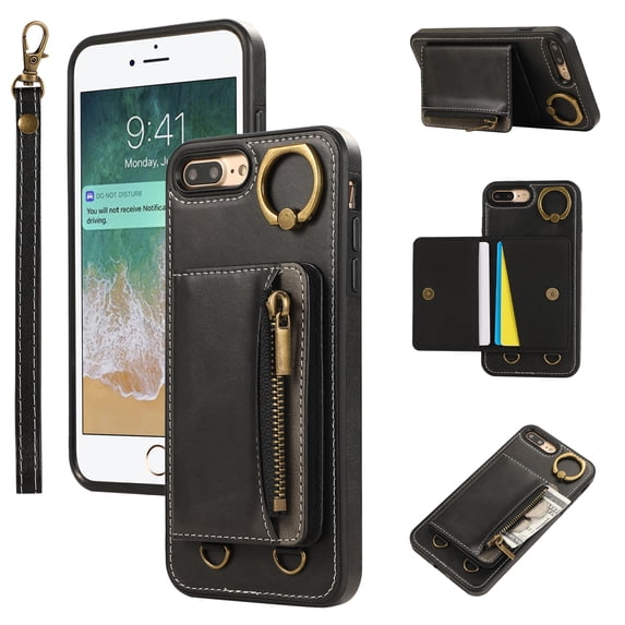 Allytechgroup Stylish iPhone 8 Plus/ 7 Plus Wallet Case, Secure Case for Apple iPhone 8 Plus/ 7 Plus, Multi-functional Durable, Ring Holder Hand Wrist Stand Shockproof Case for Women Men, Black