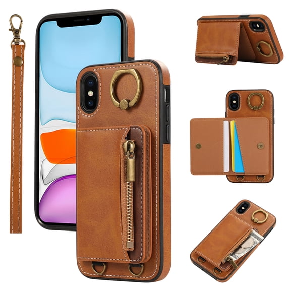 Allytechgroup Stylish iPhone XS Max Wallet Case, Secure Phone Case for Apple iPhone XS Max, Multi-functional and Durable, Ring Holder Hand Wrist Stand Shockproof Case for Women Men, Brown