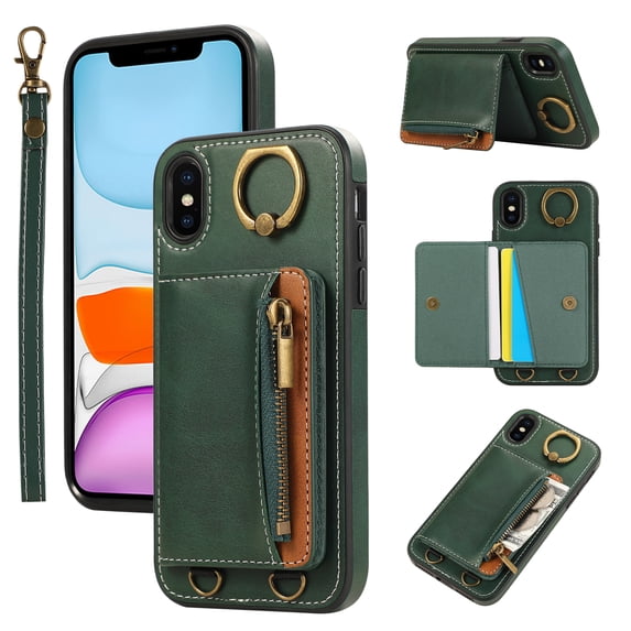 Allytechgroup Stylish iPhone XS Max Wallet Case, Secure Phone Case for Apple iPhone XS Max, Multi-functional and Durable, Ring Holder Hand Wrist Stand Shockproof Case for Women Men, Green