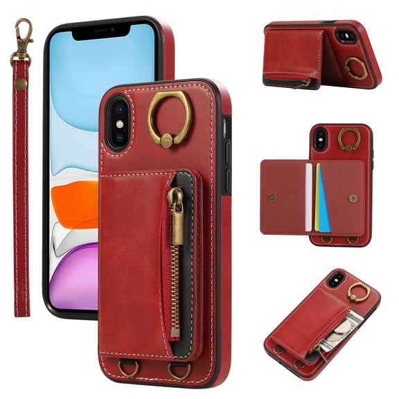Allytechgroup Stylish iPhone XS/ iPhone X Wallet Case, Secure Phone Case for Apple iPhone XS/ iPhone X, Multi-functional and Durable, Ring Holder Hand Wrist Stand Shockproof Case for Women Men, Red