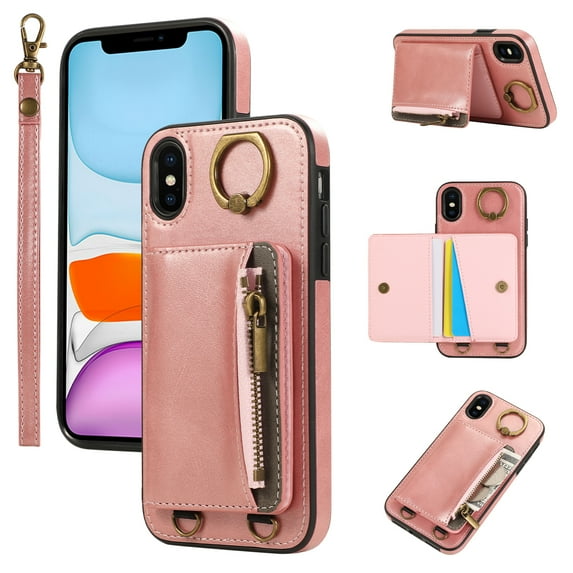 Allytechgroup Stylish iPhone XS/ iPhone X Wallet Case, Secure Phone Case for Apple iPhone XS/ iPhone X, Multi-functional and Durable, Ring Holder Hand Wrist Stand Shockproof Case for Women Men, Pink