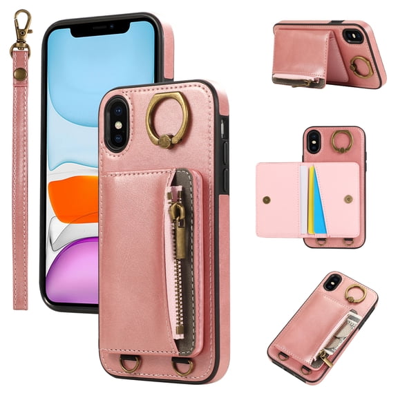 Allytechgroup Stylish iPhone XS/ iPhone X Wallet Case, Secure Phone Case for Apple iPhone XS/ iPhone X, Multi-functional and Durable, Ring Holder Hand Wrist Stand Shockproof Case for Women Men, Pink