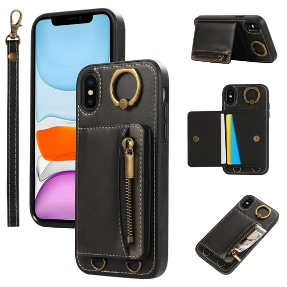 Allytechgroup Stylish iPhone XS/ iPhone X Wallet Case, Secure Phone Case for Apple iPhone XS/ iPhone X, Multi-functional and Durable, Ring Holder Hand Wrist Stand Shockproof Case for Women Men, Black