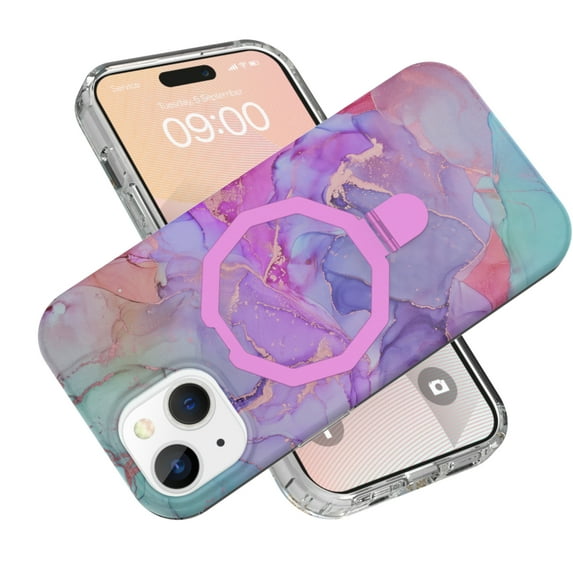 Allytechgroup Ultra Slim Case for iPhone 15 Plus wth Fashion Marble Pattern, Foldable Ring Kickstand Magnetic Cover Support Wireless Charging Full Body Protection Shockproof Case - Purple