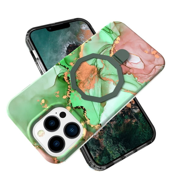 Allytechgroup Ultra Slim Case for iPhone 15 Pro wth Fashion Marble Pattern, Foldable Ring Kickstand Magnetic Cover Support Wireless Charging Full Body Protection Shockproof Case - Green